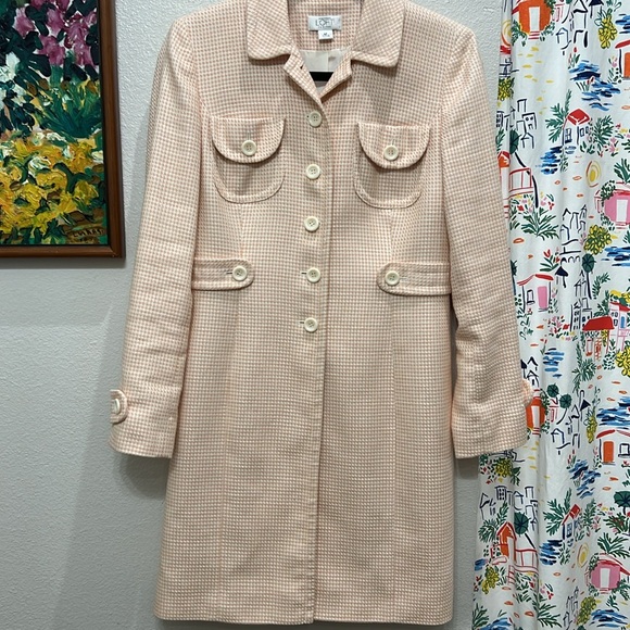 Vintage Ann Taylor Pink Houndstooth Trench coat with Contrasting Trim - Picture 6 of 10